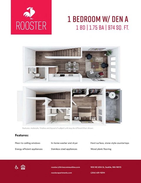 Floor plan for 1 bed, 1.8 baths, 974 sqft